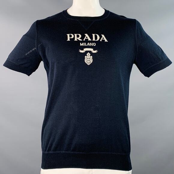 PRADA L Navy White Logo Cashmere Wool Jersey Short Sleeve Crew Neck Pullover - Picture 1 of 8